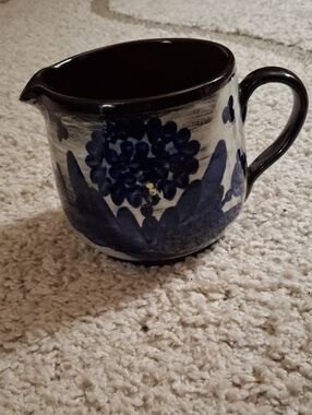 Blue Floral Ceramic Creamer Pitcher with Glossy Black Interior